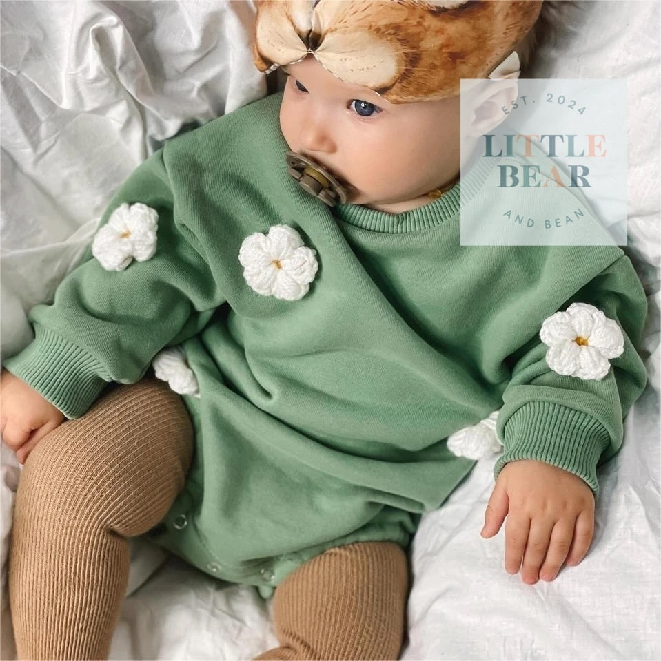 Spring Baby Romper with Crochet Daisies