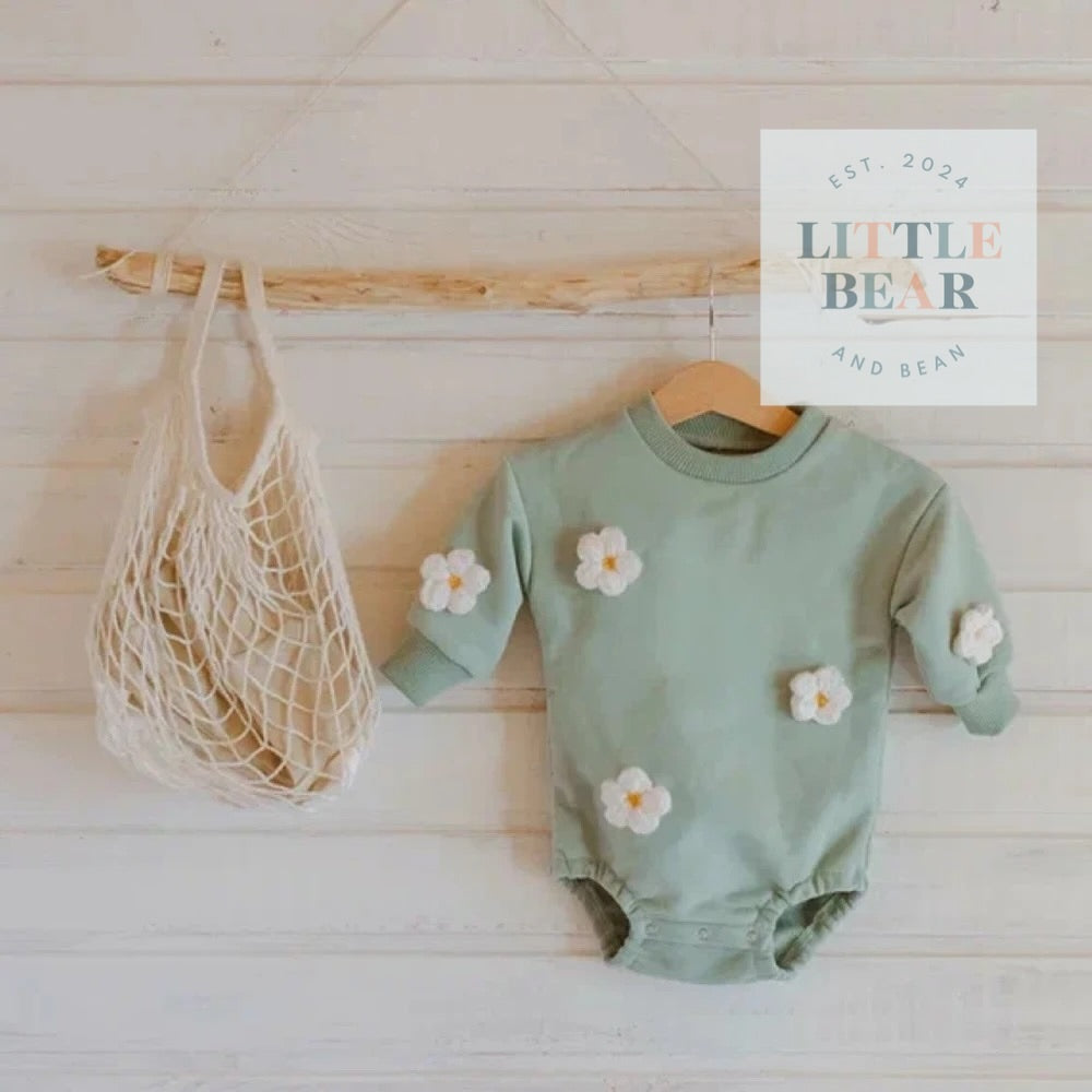 Spring Baby Romper with Crochet Daisies